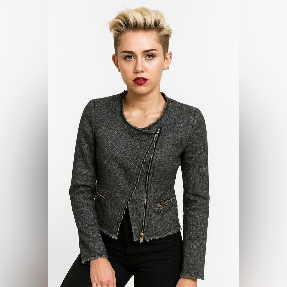 MNG Casual Womens Tweed Zipper Jacket - XS / S - Gray With Frayed Edges & Pocket